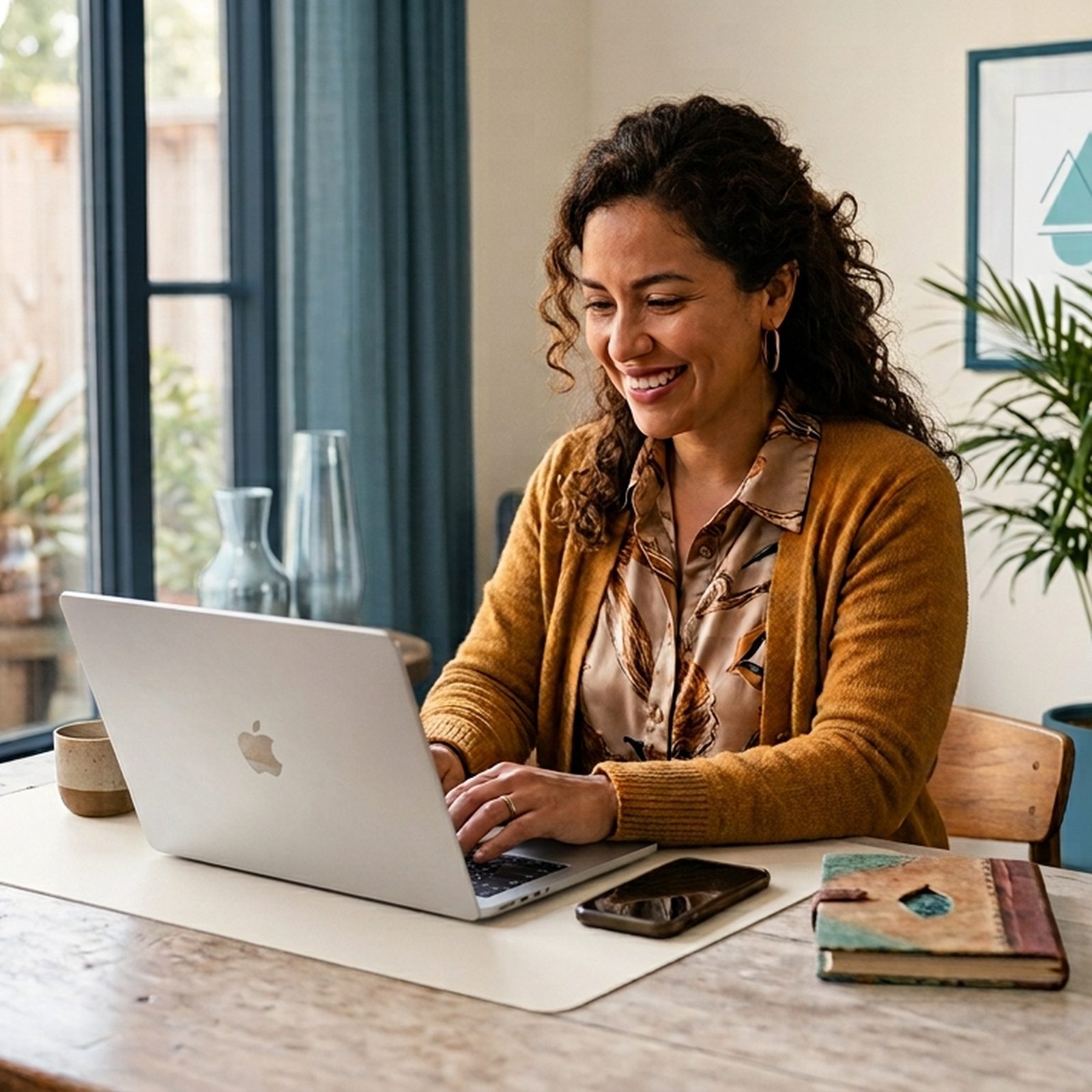 A business owner working happily from her home office.