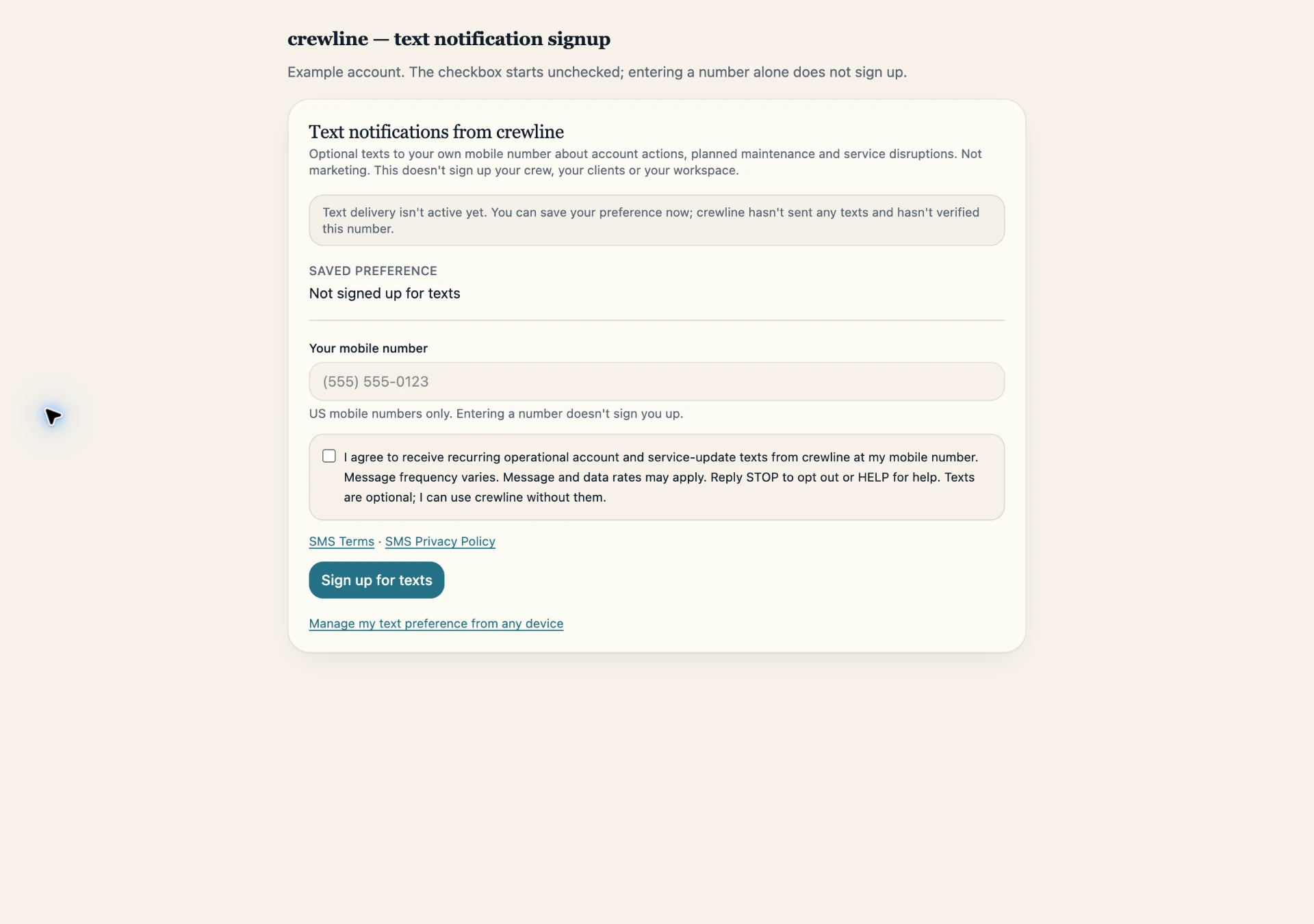 Screenshot of the actual crewline text notification sign-up form with example account data; the agreement checkbox is unchecked